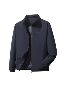 Men's navy blue windproof business jacket with stand collar and functional pockets