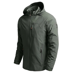 Men's dark green windproof outdoor jacket with adjustable hood and chest zip pocket