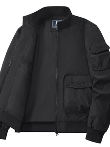Men's casual black windproof stand collar jacket with utility pockets and ribbed cuffs