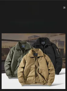 Detailed view of casual men's jacket with fleece collar in green, black and khaki colors
