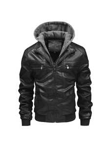 Veste homme en cuir PU noir avec capuche grise et poches zippées multiples coupe ajustée