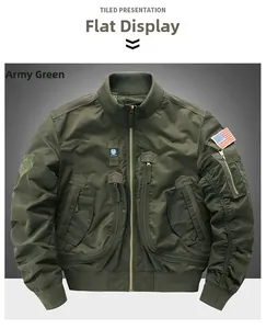 Detail of army green bomber jacket with military patches and multi-pocket design