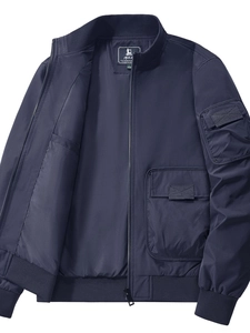 Men's navy blue bomber jacket with classic stand collar and utility zip pockets