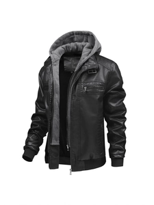 Veste en cuir PU noir pour hommes avec capuche, poches zippées et bords-côtes