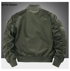 Army green flight jacket back view featuring tactical sleeve pocket and ribbed hem