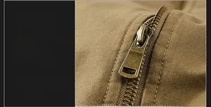 Detailed close-up of premium metal zipper and durable canvas fabric on men's cotton jacket