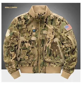 Detail of camouflage tactical jacket featuring American flag patch and ribbed khaki cuffs