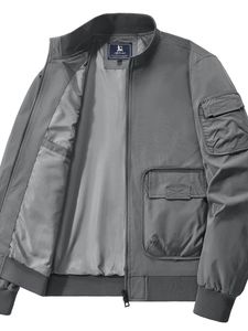 Men's dark grey standing collar bomber jacket with tactical chest pocket and ribbed cuffs