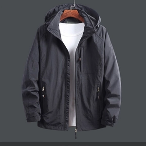 Men's lightweight hooded windbreaker jacket in charcoal grey with zipper pockets