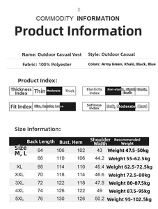 Size chart for outdoor multi-pocket fishing vest showing measurements from M to 5XL
