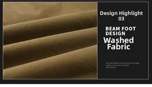 Close-up of thick khaki washed cotton fabric texture and beam foot design detail