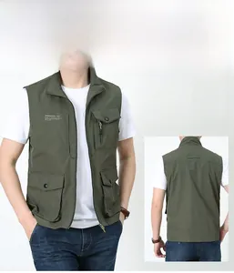 Front and back view of army green outdoor utility vest with functional multi-pockets