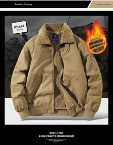 Detail of khaki cotton jacket showing warm faux shearling collar and ribbed cuffs