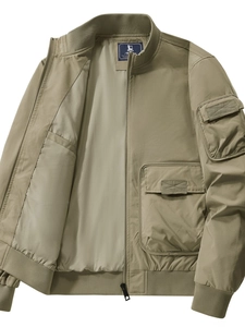 Men's khaki stand collar bomber jacket with multi-pockets and ribbed knit trim details