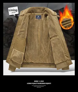 Detailed macro view of thick brown fleece lining inside a khaki cotton winter jacket