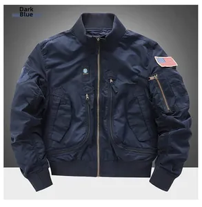 Detail of dark blue tactical bomber jacket featuring military patches and utility pockets