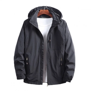 Men's dark grey hooded windbreaker with multiple zipper pockets and adjustable cuffs