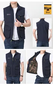 Detail of blue outdoor tactical vest showing multiple utility pockets and camo mesh lining