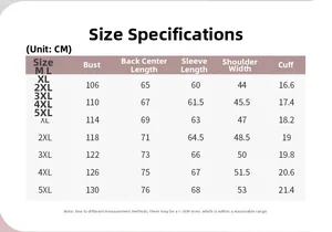 Tableau des tailles pour veste de protection solaire homme de la taille M à 5XL