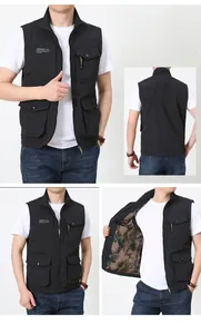 Detail view of black outdoor multi-pocket vest with camouflage lining and standing collar