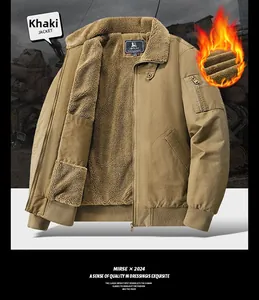 Detail of khaki cotton flight jacket featuring warm sherpa lining and tactical sleeve pocket