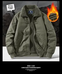 Detail of army green bomber jacket featuring warm fleece collar and thick thermal lining
