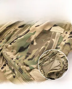 Macro view of tactical camo jacket featuring multi-pocket design and rugged fabric texture
