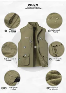 Detail view of multi-pocket outdoor vest with waterproof fabric and fleece lining