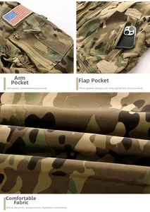 Detail view of tactical camo jacket arm zip pocket and large functional flap pocket