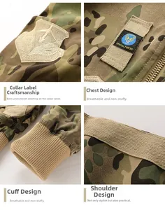 Detail view of military jacket featuring special forces badges and windproof ribbed cuffs