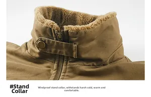 Detailed view of the warm faux shearling lining and stand-up collar of the khaki cotton jacket