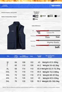 Size guide for multi-pocket outdoor fishing vest with dimensions and measurements table