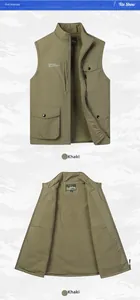 Detail of khaki outdoor vest showing the warm fleece lining and multiple utility pockets
