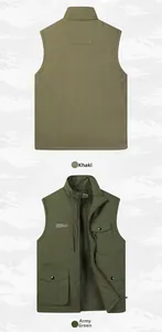 Detail view of khaki and army green outdoor vests with fleece lining and multi-pockets