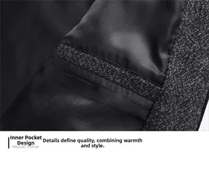 Detail of internal pocket design with black satin lining on grey wool business jacket