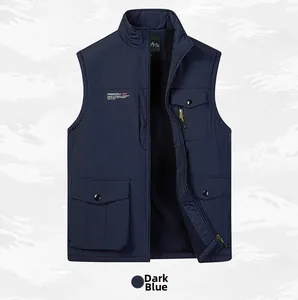 Detailed close-up of navy blue outdoor vest featuring four functional utility pockets