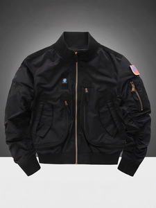 Tactical black flight bomber jacket with multi-pocket design and utility arm patches