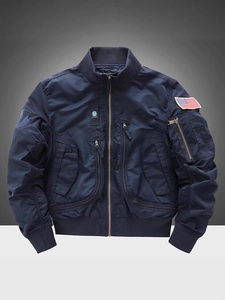 Navy blue pilot bomber jacket with tactical multi-pockets and special forces patches