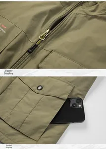 Detailed macro view of metal zipper and large cargo flap pockets on outdoor vest