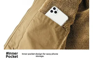 Detail view of khaki cotton jacket with fleece lining and inner pocket for phone
