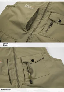 Close-up of durable cargo vest pockets with metal snaps and zipper detail