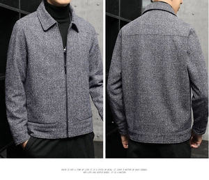 Detail showing the gray textured tweed fabric and resin zipper on the men's casual jacket