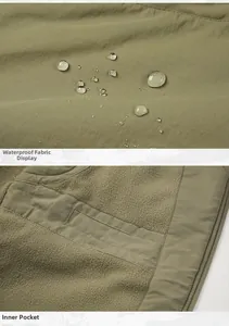 Detail of waterproof fabric with water droplets and fleece lining with inner pocket