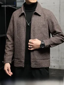 Detail of coffee brown wool jacket featuring turn-down collar and premium metal zipper