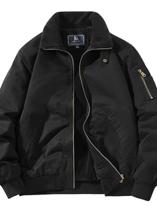 Men's black cotton jacket with fleece collar and ribbed cuffs on white background