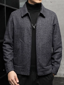 Minimalist grey textured wool jacket for men featuring a classic lapel and front zipper