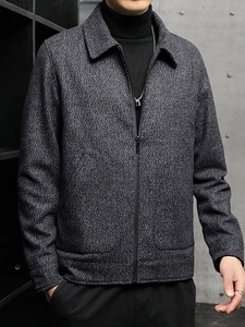 Men's casual grey textured tweed jacket with classic lapel collar and zip closure