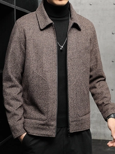 Men's business casual wool blend jacket in brown-grey tweed with zip-up design