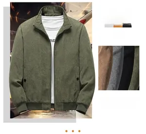 Detail of army green corduroy jacket showing zipper, ribbed cuffs and chest logo patch