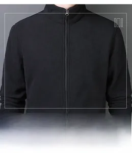 Detail of men's black fleece jacket featuring a high stand collar and full zipper closure